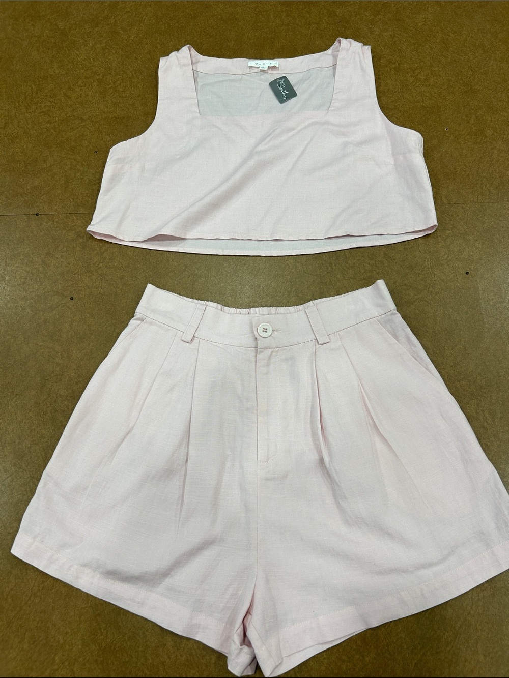NWT Light Blush Pink Linen-Blend Crop Top & High-Waist Shorts Set